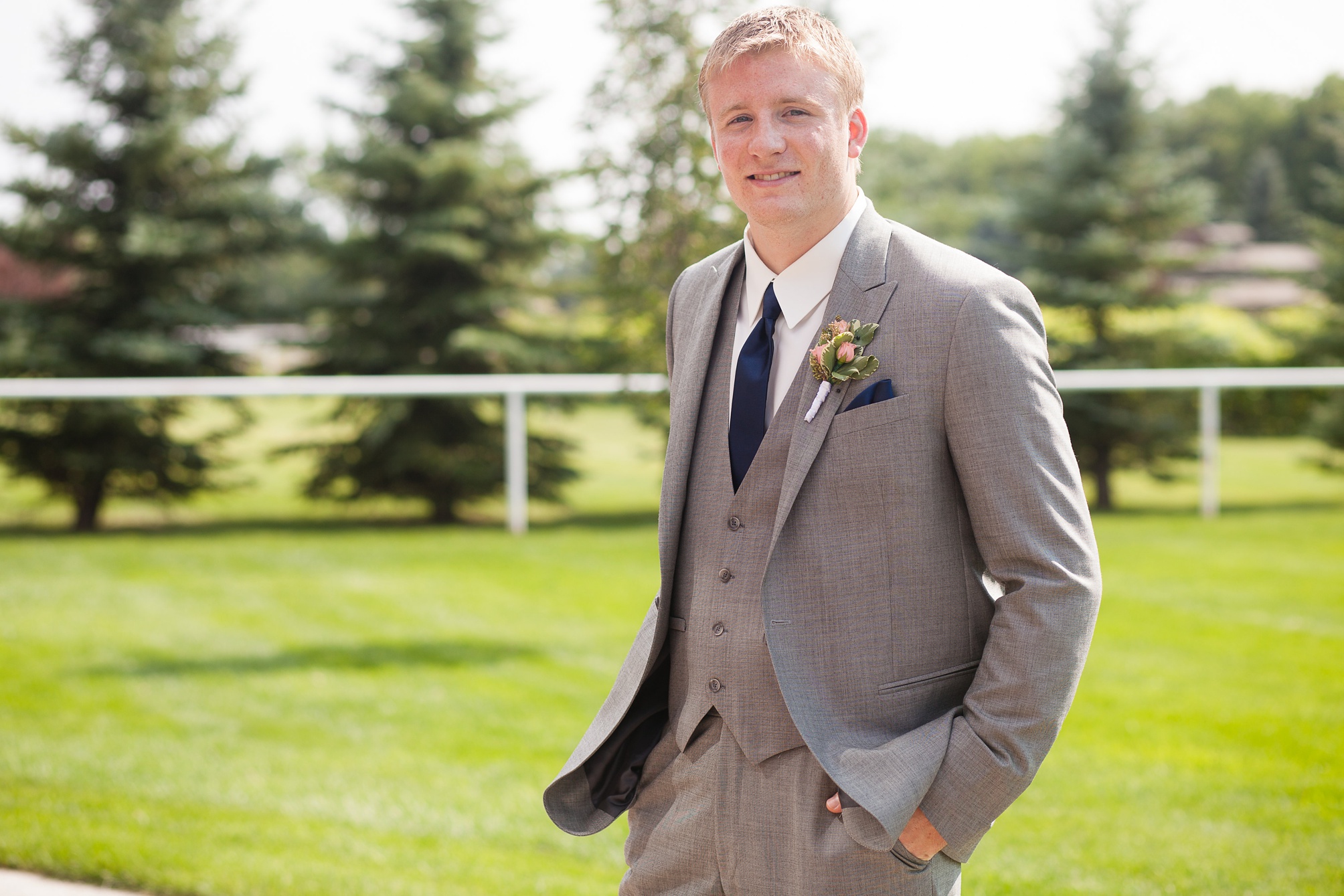 Ben and Lachelle's classy blush pink and navy blue outdoor summer wedding at Val Halla in Taber