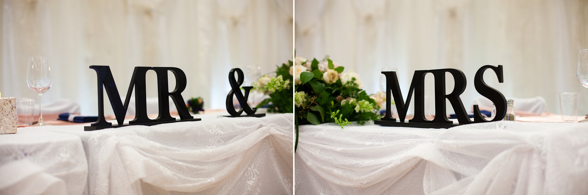 Ben and Lachelle's classy blush pink and navy blue summer wedding at the Taber Community Centre.