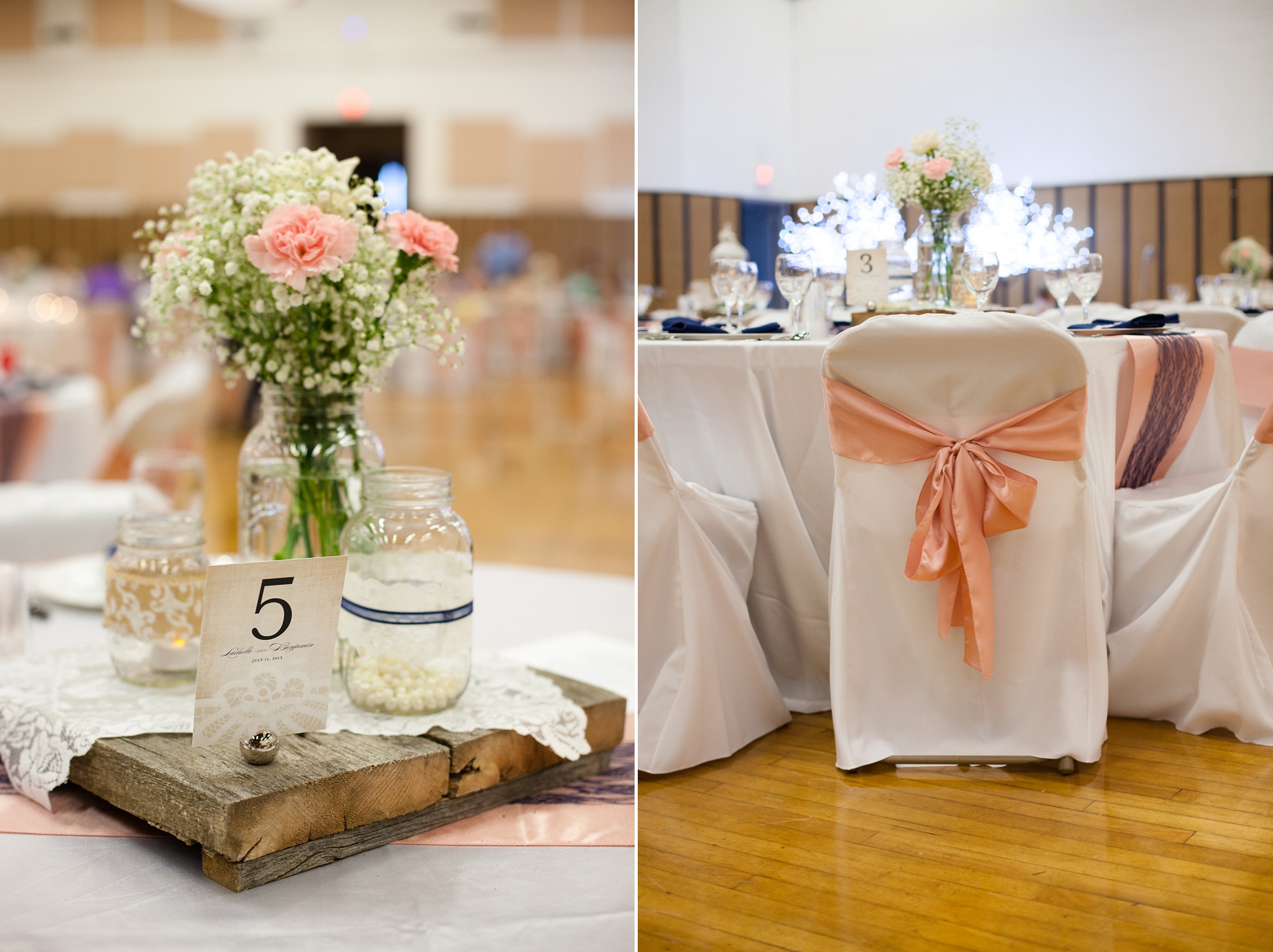 Ben and Lachelle's classy blush pink and navy blue summer wedding at the Taber Community Centre.