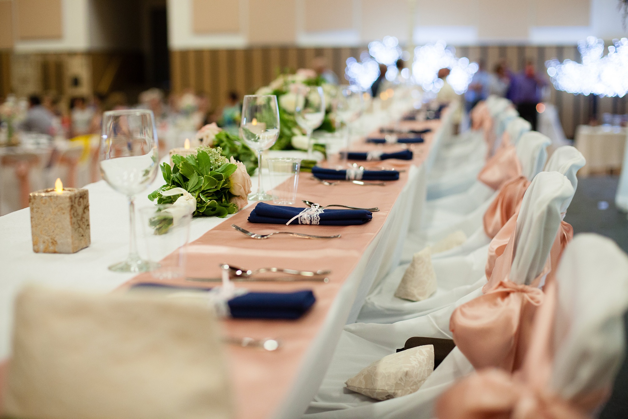 Ben and Lachelle's classy blush pink and navy blue summer wedding at the Taber Community Centre.