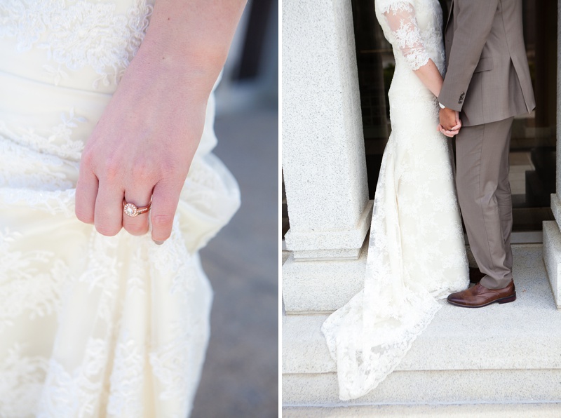 White lace dress, modest lace dress, Southern Alberta wedding, rose gold wedding ring, halo diamond ring, Cranston Alberta Temple
