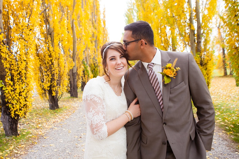White lace dress, modest lace dress, Southern Alberta fall wedding, fall colors, Remington Carriage Centre