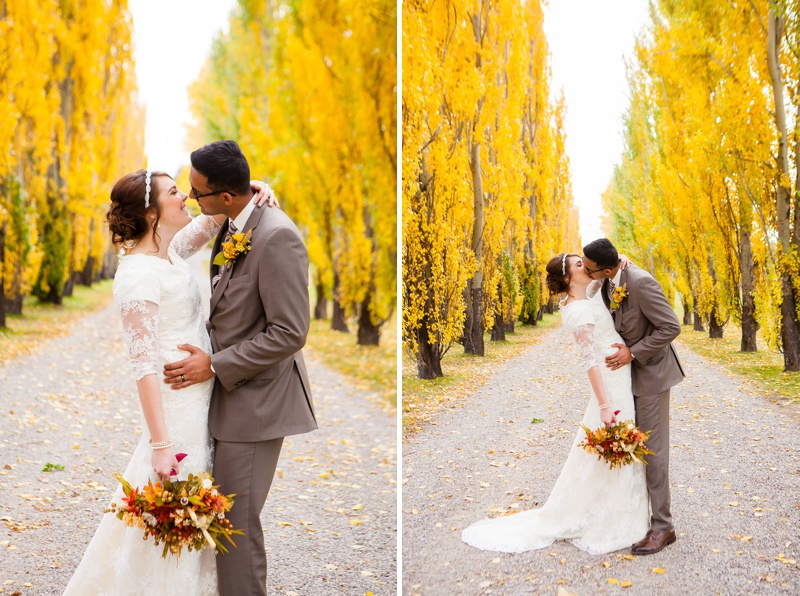 White lace dress, modest lace dress, Southern Alberta fall wedding, fall colors, Remington Carriage Centre