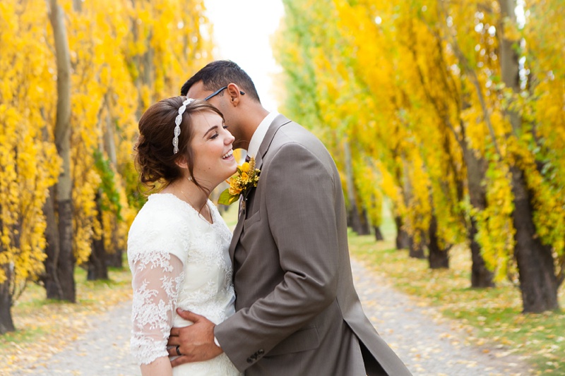White lace dress, modest lace dress, Southern Alberta fall wedding, fall colors, Remington Carriage Centre