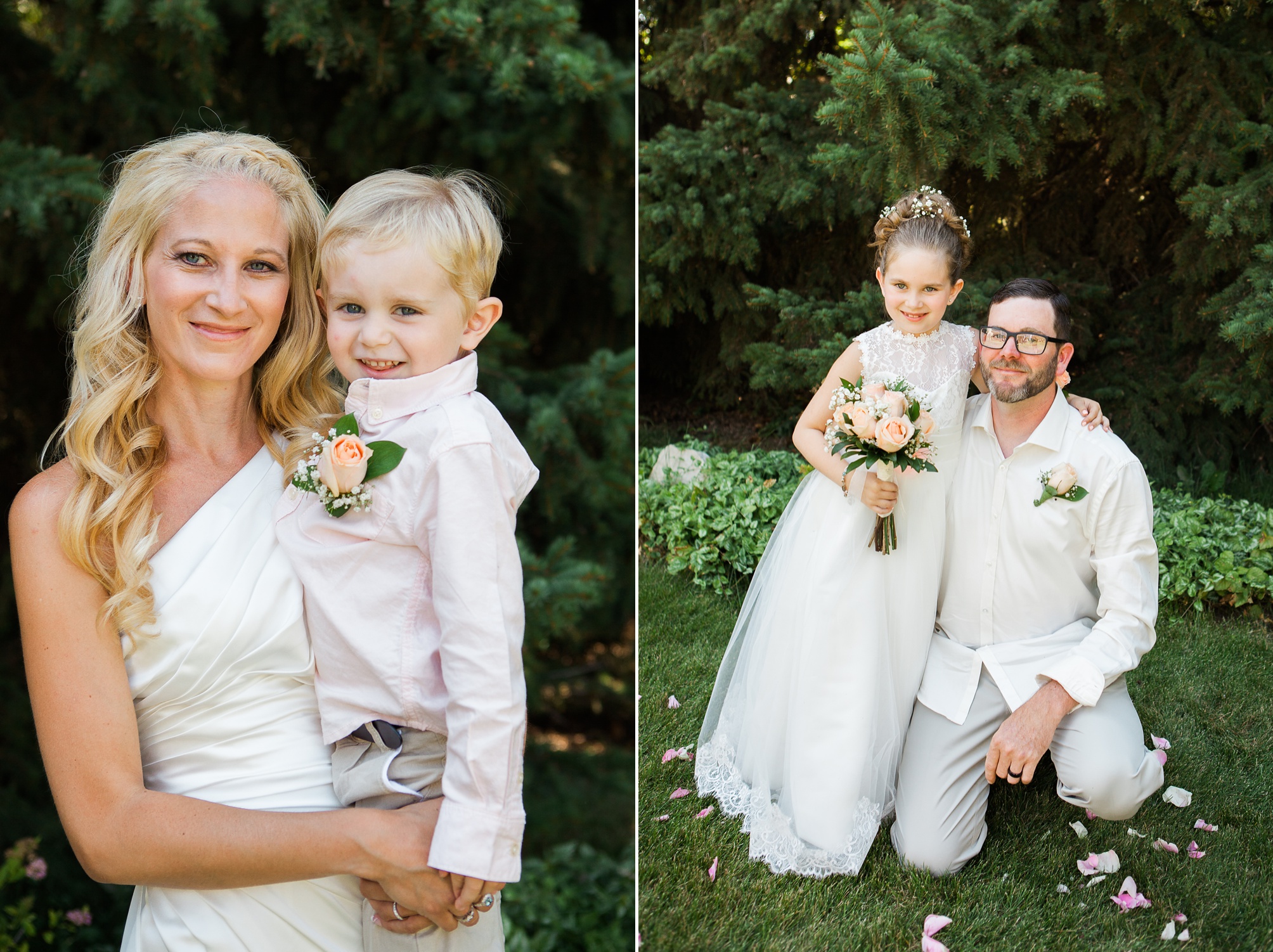 Cutest ring bearer and flower girl at this casual pink and white backyard wedding 