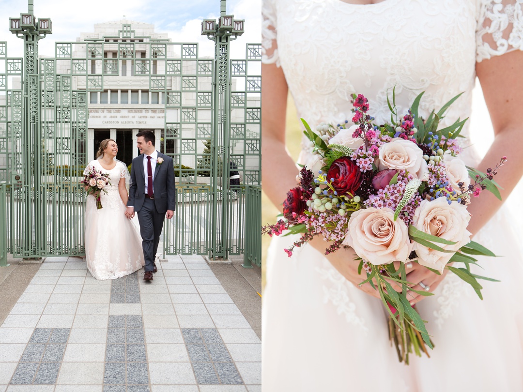 Blush pink lace wedding dress. Spring Cardston Temple wedding by Kinsey Holt Photography. Southern Alberta wedding photographer. 