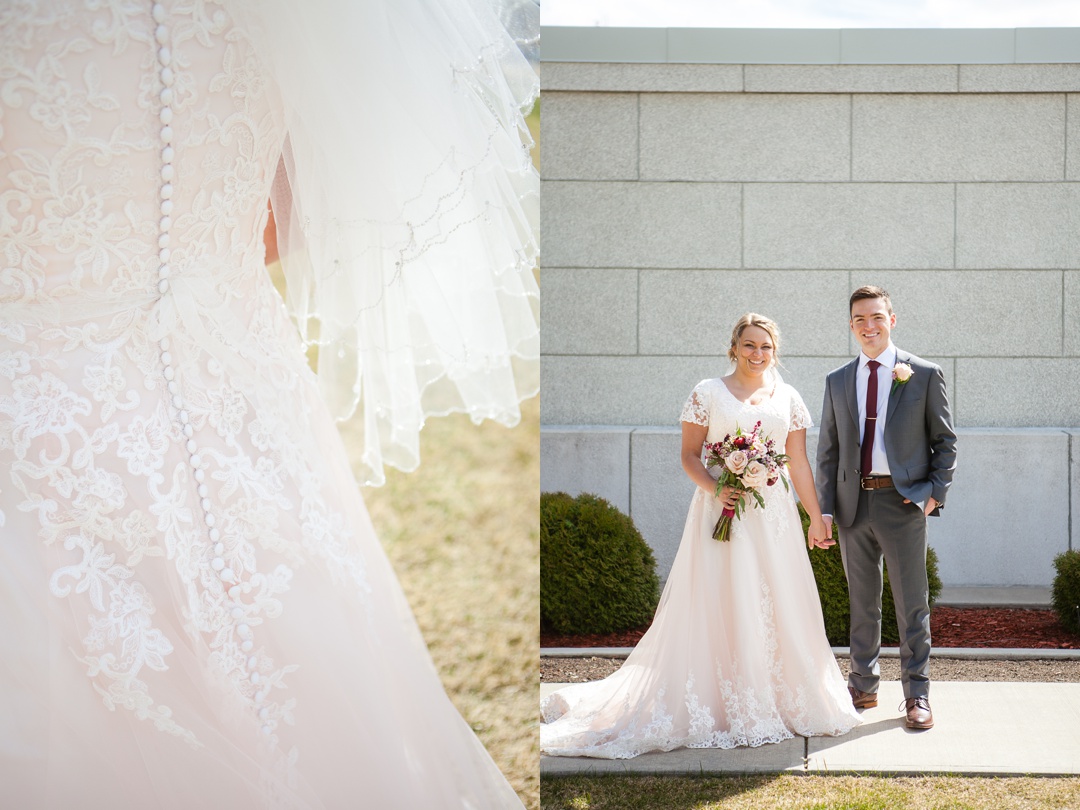Blush pink lace wedding dress. Spring Cardston Temple wedding by Kinsey Holt Photography. Southern Alberta wedding photographer. 