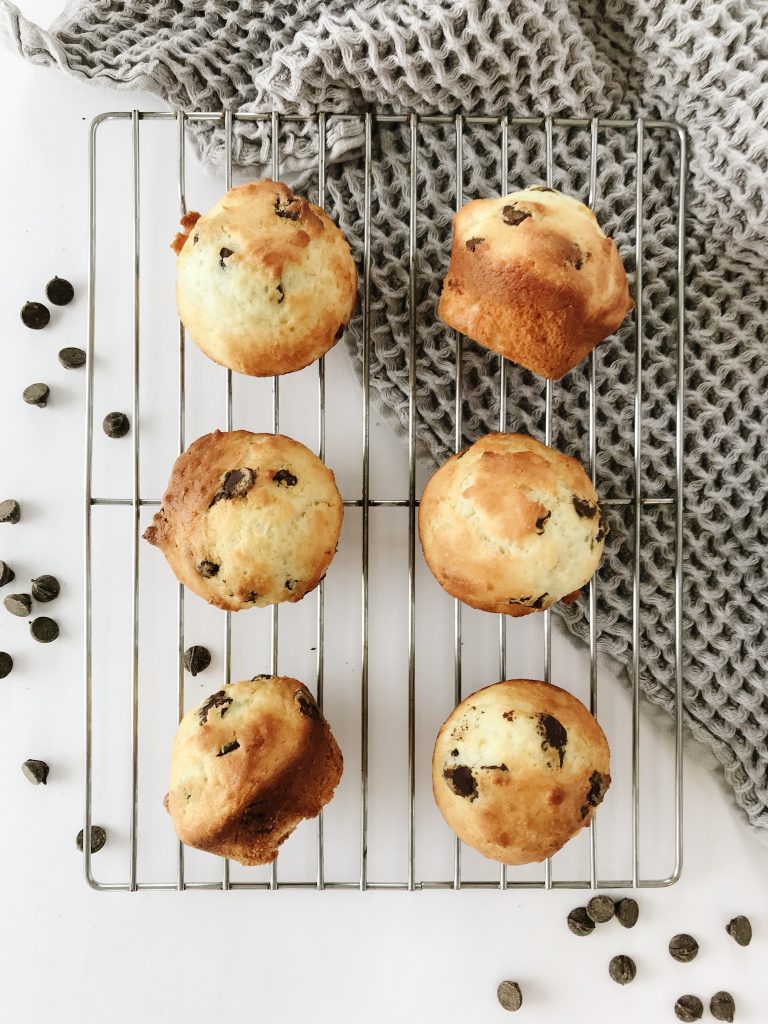 Muffin food photography - chocolate chip muffin flatlay