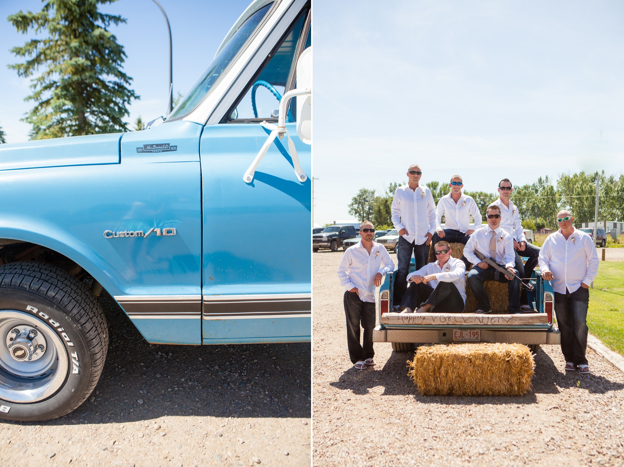 Mom helping dad with tie shot, Kinsey Holt Photography with vintage blue truck