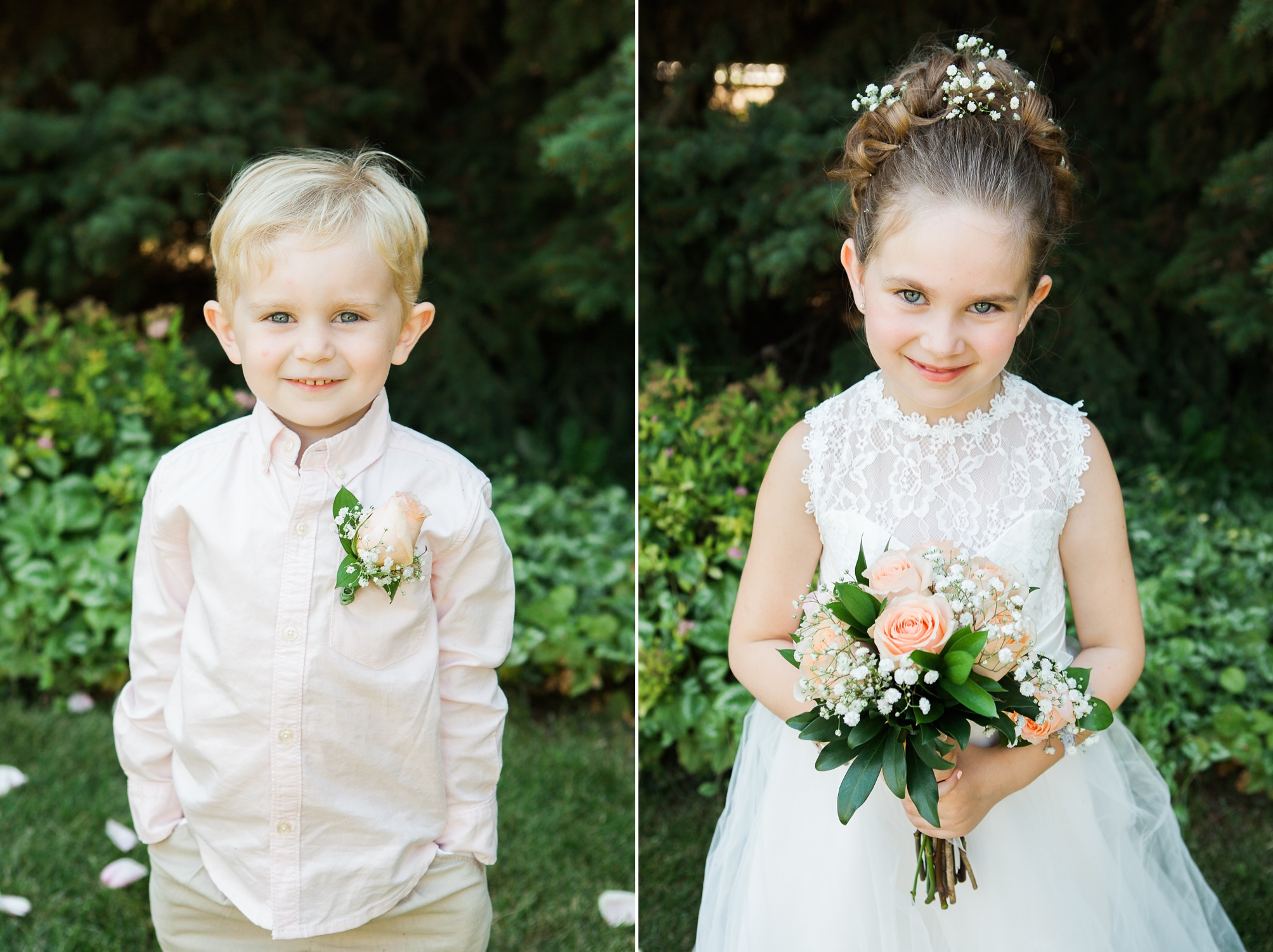 Cutest ring bearer and flower girl at this casual pink and white backyard wedding 
