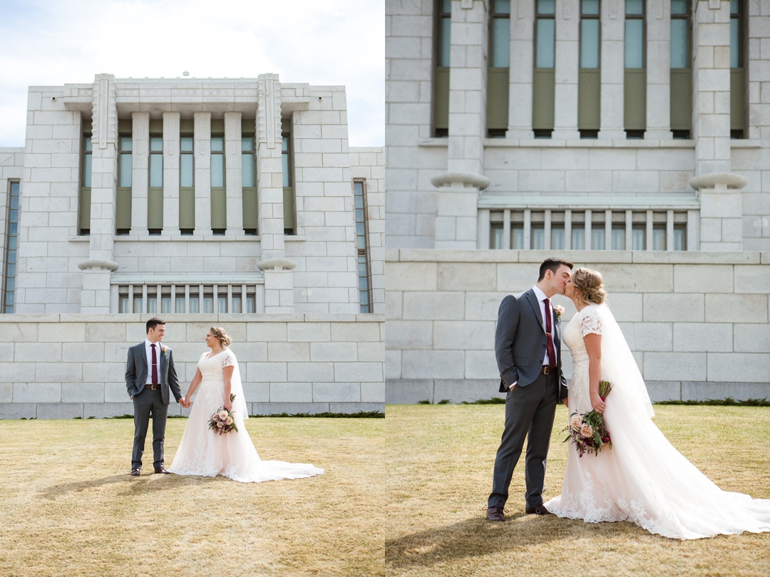 Blush pink lace wedding dress. Spring Cardston Temple wedding by Kinsey Holt Photography. Southern Alberta wedding photographer. 