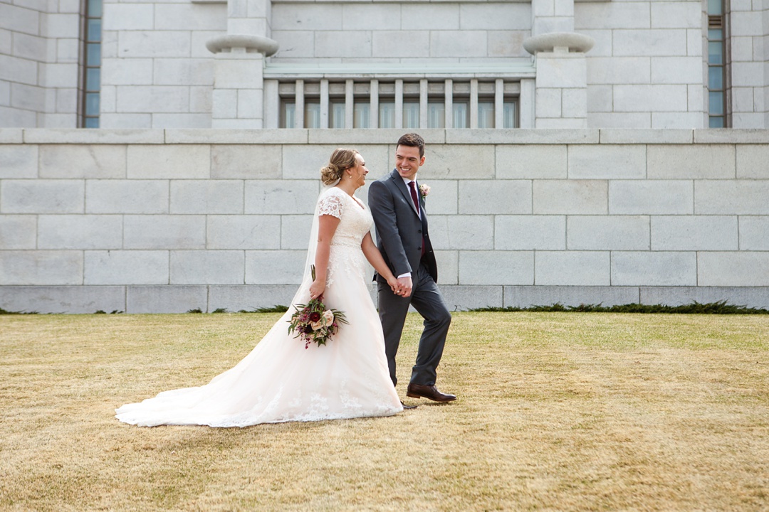 Blush pink lace wedding dress. Spring Cardston Temple wedding by Kinsey Holt Photography. Southern Alberta wedding photographer. 