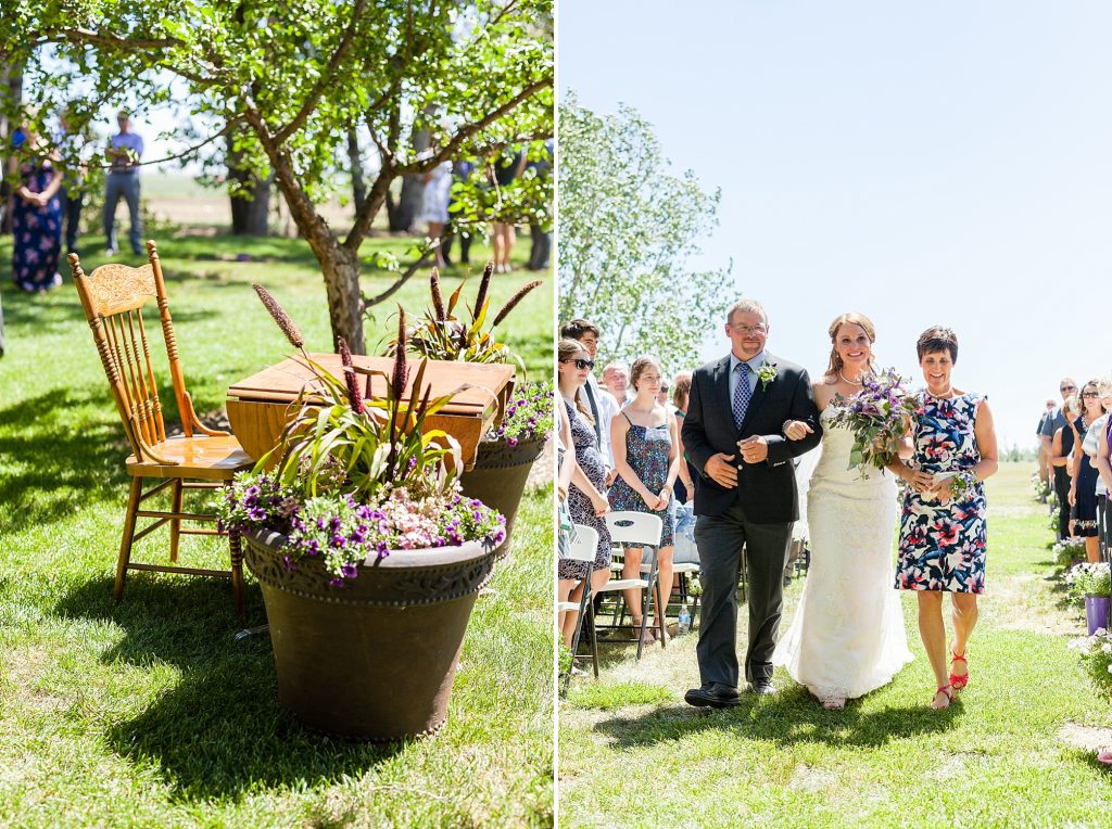 Outdoor farm wedding ceremony by Getting ready Southern Alberta wedding photographer Kinsey Holt