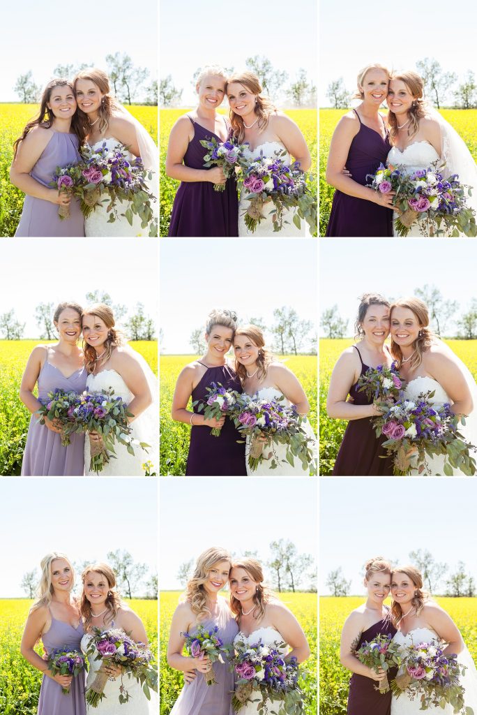 Bridal party in a canola field Rural farm wedding by Outdoor farmyard ceremony vows Getting ready Southern Alberta wedding photographer Kinsey Holt