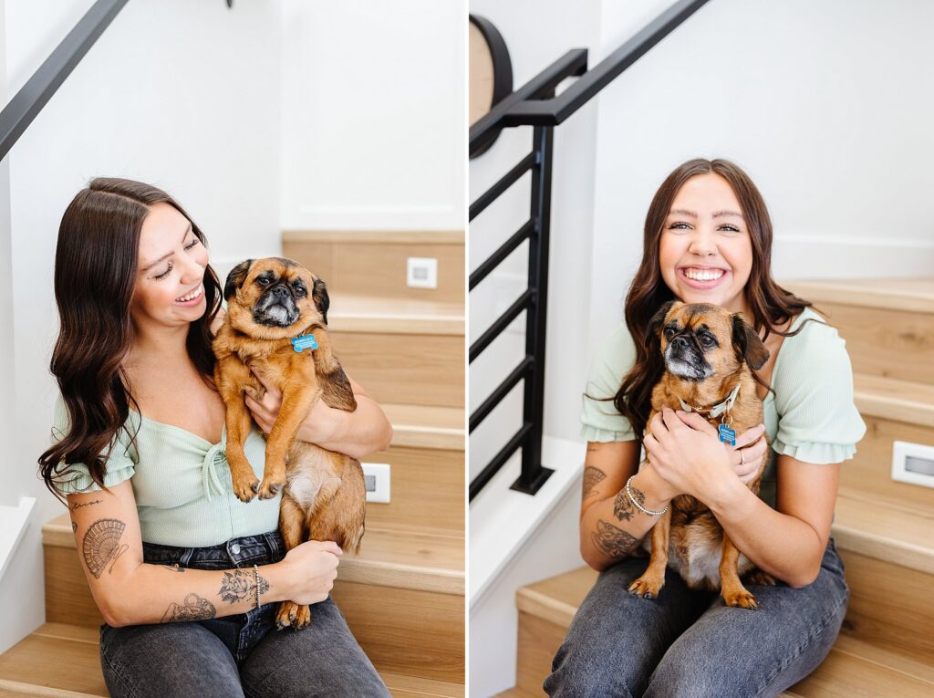 Young woman holding dog. Lethbridge brand photography by Kinsey Holt