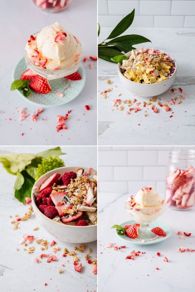 Freeze-dried fruit on ice cream, and smoothie bowls. Images shot by Lethbridge food photographer Kinsey Holt.